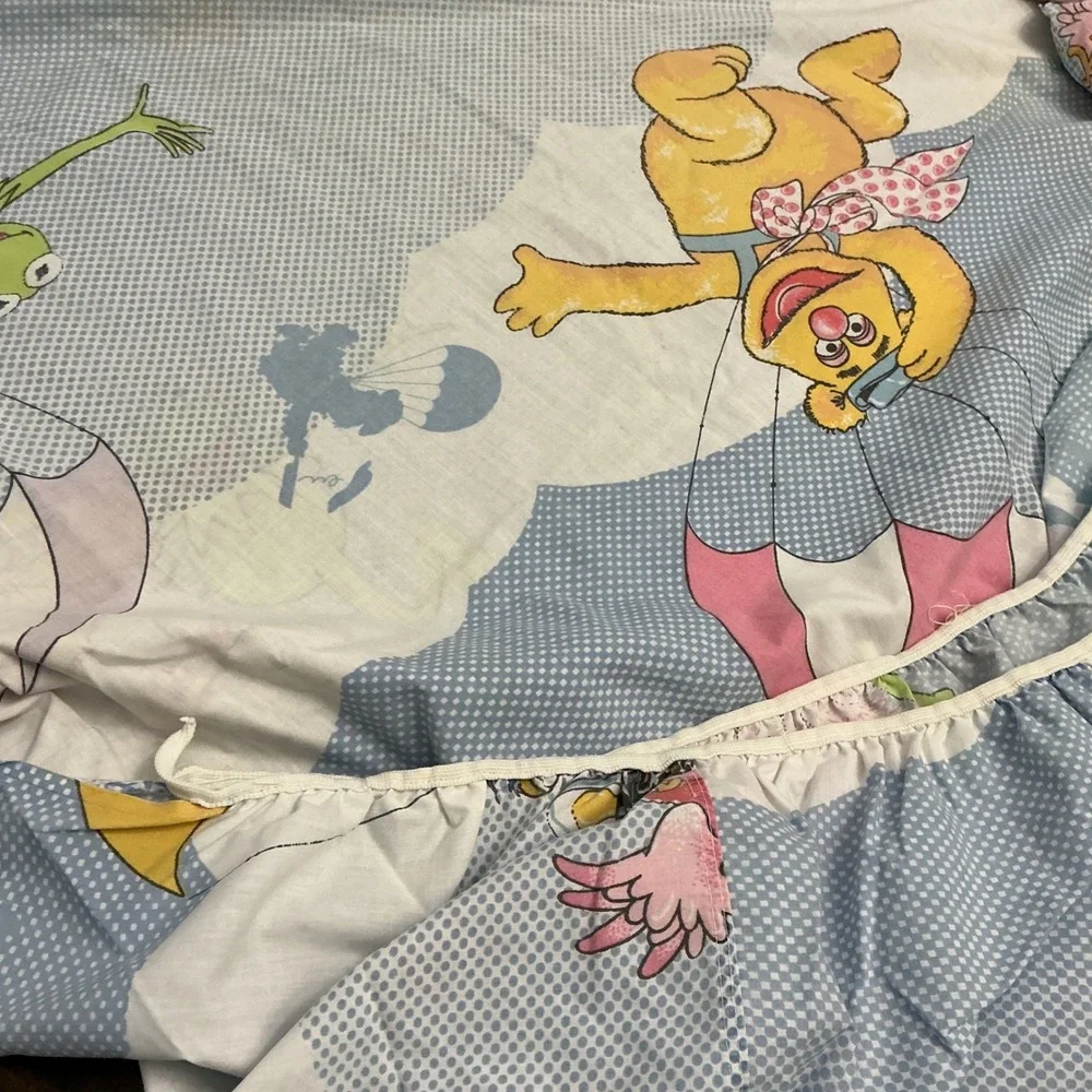 Vintage Muppet Babies Twin Fitted Flat Sheet Kermit Miss Piggy 1980s Blue Set